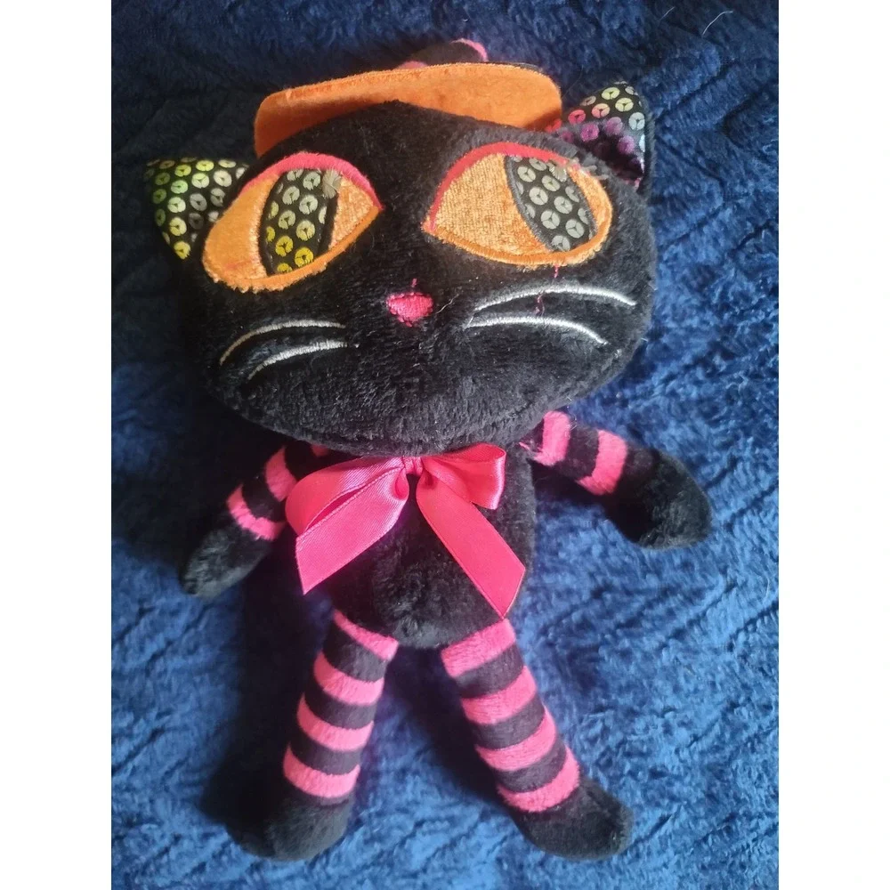 Dan Dee Collectors Choice Black Cat Plush Halloween Pink Striped Sequin Eyes